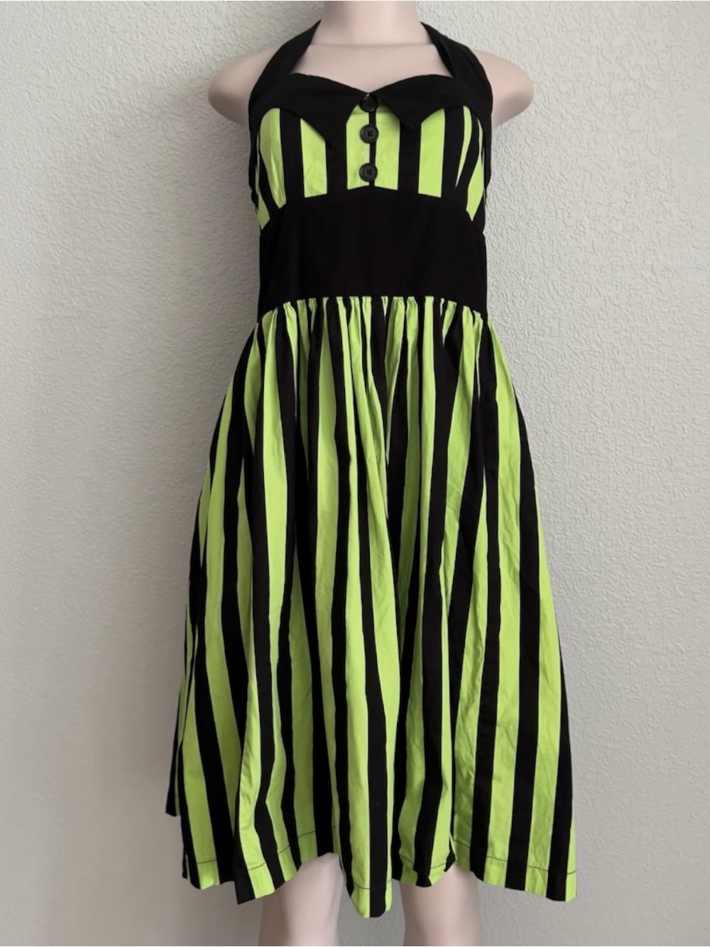 Magnolia Park Beetlejuice Costume Dress Green Black Striped Halter Rockabilly L - Picture 2 of 9